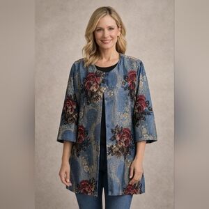 Grandmacour Blue Floral Embroidered Brocade Jacket – Size S